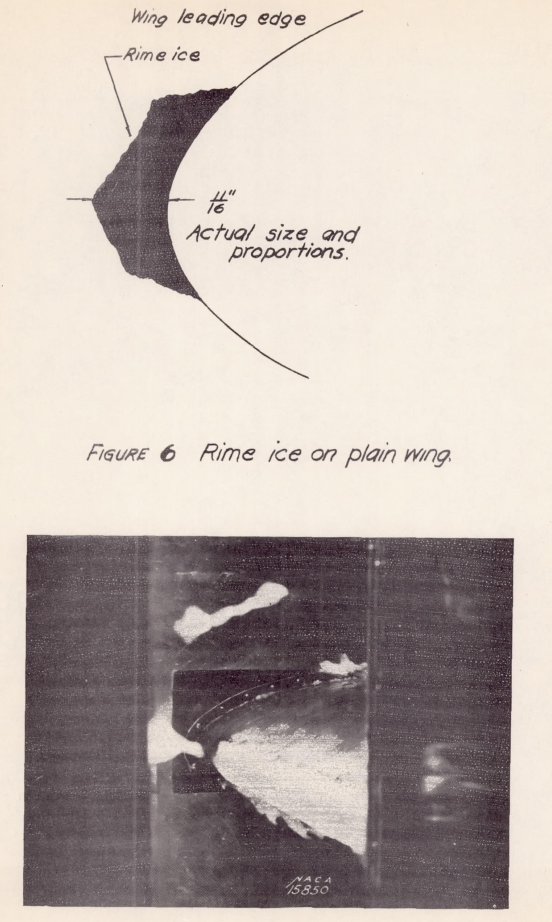 Figure 6. Rime ice on a plain wing. The ice is confined to an area near the leading edge. The ice is 11/16 inch thick at the leading edge.